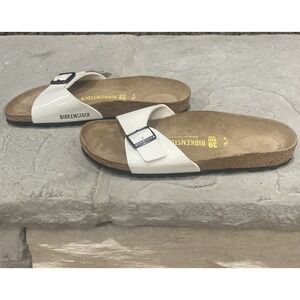 Birkenstock Madrid Womens White Patent Birko-Flor Slide Sandals Size 39 US 8-8.5